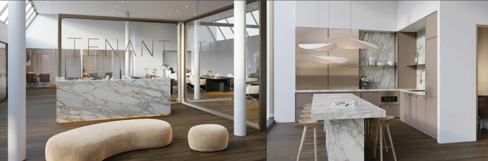 Rendering of the reception lobby and kitchen at 132 West 14th Street
